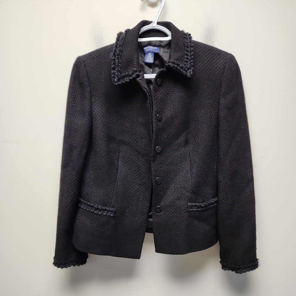 Ann Taylor Black Wool Embellished Collar Classic Career Blazer Suit Jacket  Sz 4